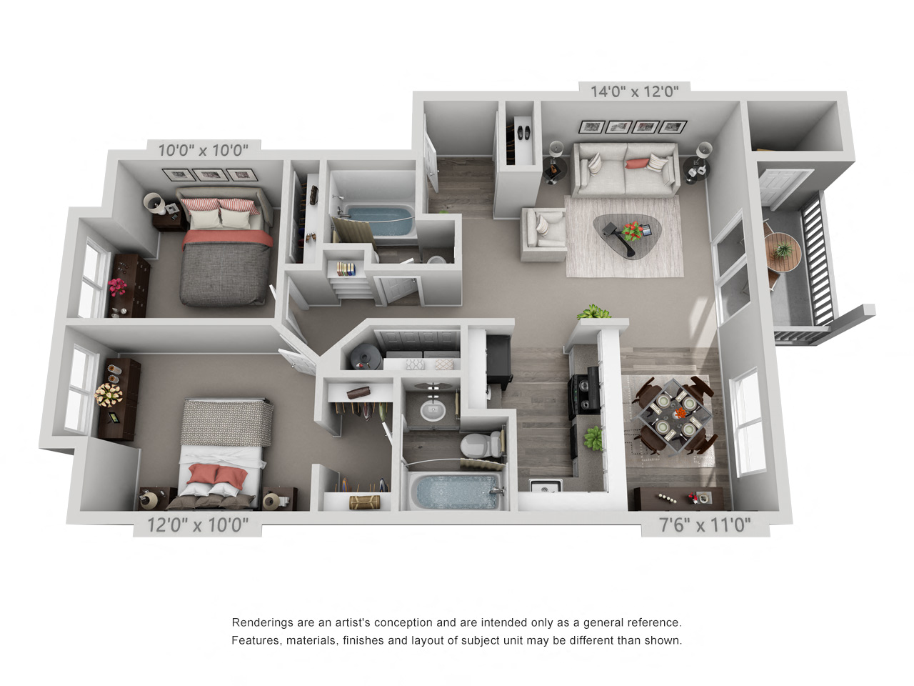 Floor plan for 2 beds, 2 baths, 966 sqft